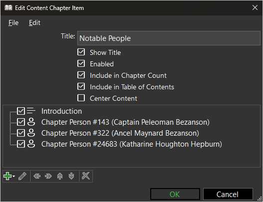 screenshot of Content Chapter item showing a Text User Item and three Chapter Person items