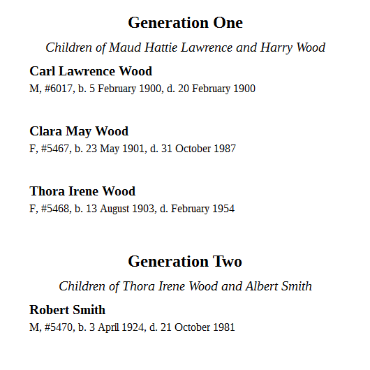 screenshot of Chapter People - Descendants output showing generation and family headings with abbreviated person entries