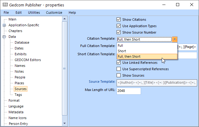 screenshot of Source Section showing the choices in the Citation Template property