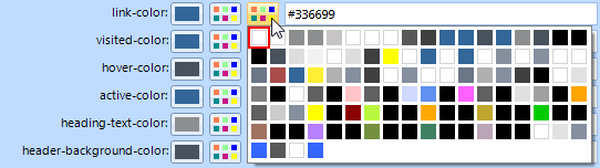 screenshot of color property after clicking the Theme Palette button showing its collection of colors