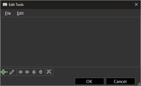 screenshot of Edit Tools window showing empty custom tools list