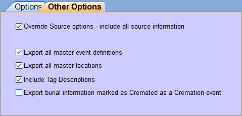 screenshot of Other Options tab in Legacy's GEDCOM Export window showing recommended property settings