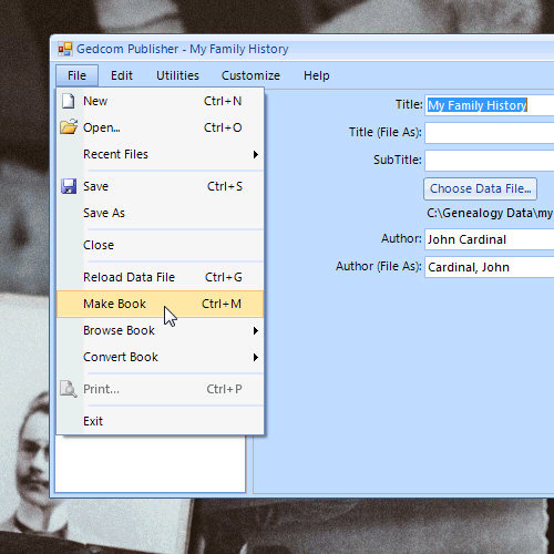 screenshot of File menu of Gedcom Publisher application with Make Book command highlighted